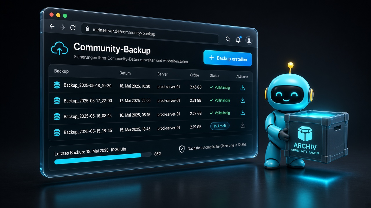 3D-Ansicht des Community-Backups mit Sicherungsliste. Der ConnectPlayer-Buddy hält eine Archivkiste.