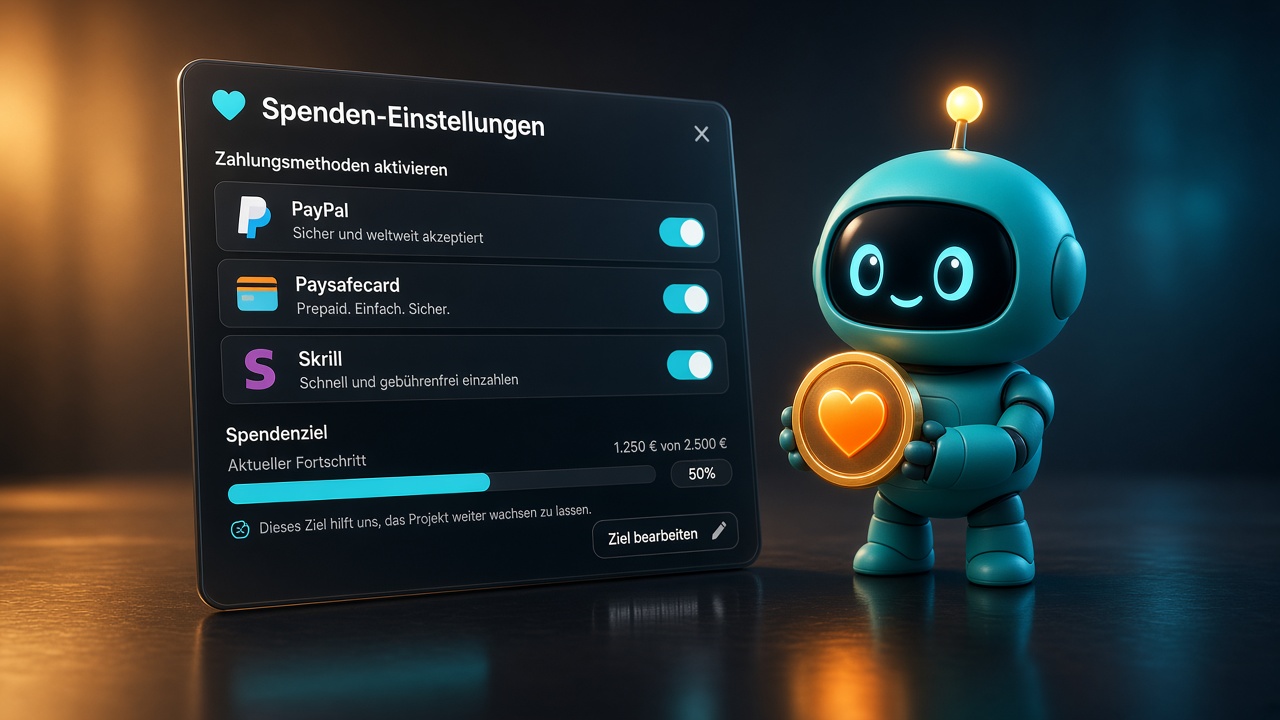 3D-Ansicht der Spendeneinstellungen mit Zahlungsarten. Der ConnectPlayer-Buddy hält eine Herz-Münze.